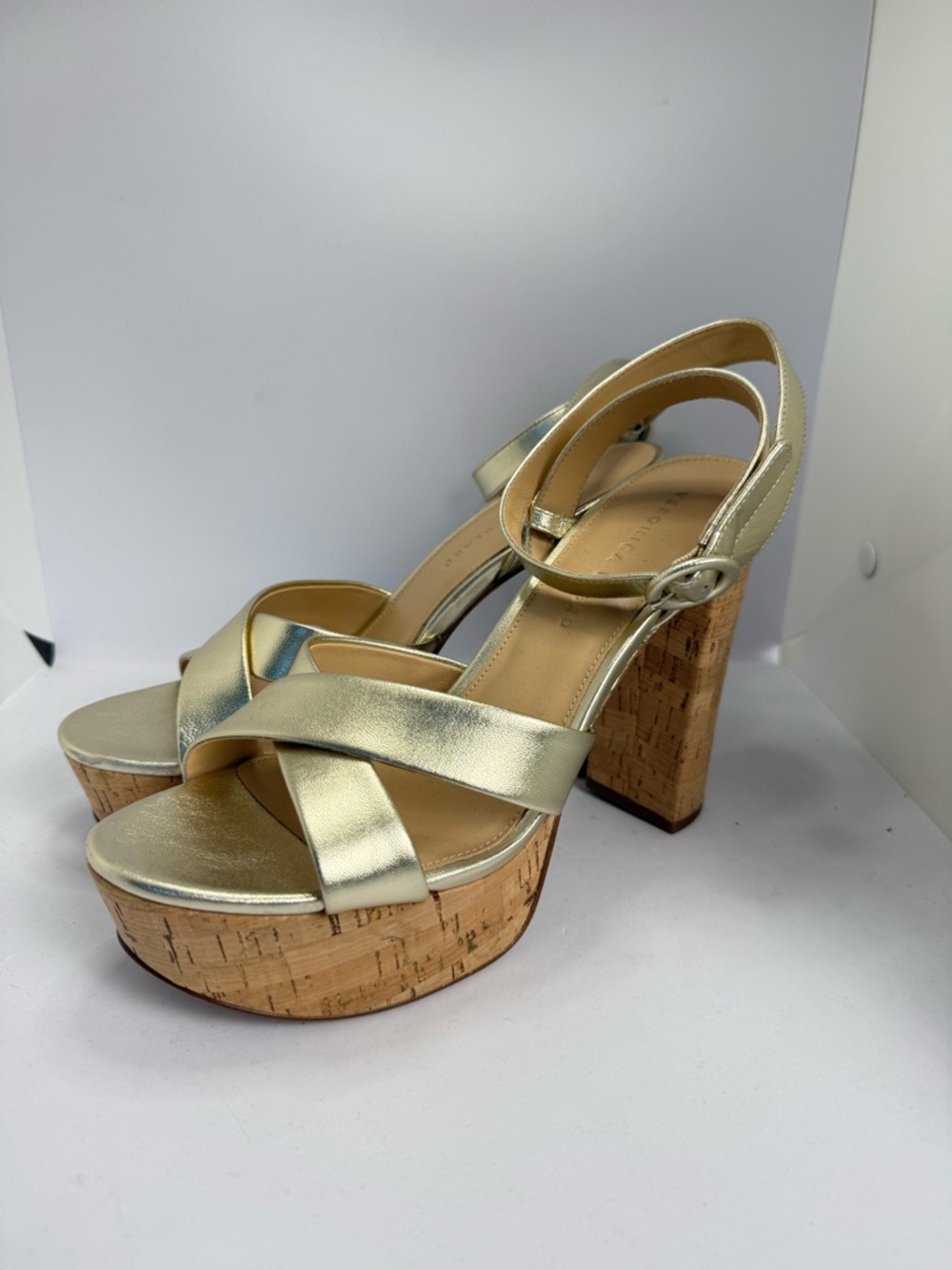 Veronica Beard Lalana Ankle Strap Gold Platform Cork Heel Sandals 9.5M